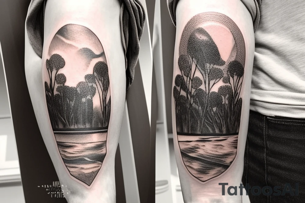 On my left arm, a sleeve tattoo of the Murray River with Eucalyptus camaldulensis is the background during sunset. tattoo idea
