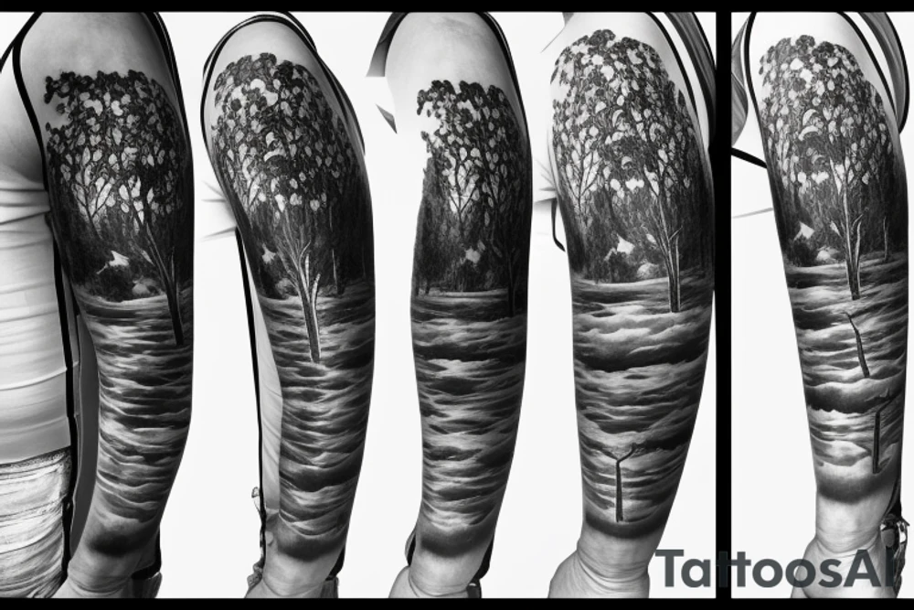 On my left arm, a sleeve tattoo of the Murray River with Eucalyptus camaldulensis is the background during sunset. tattoo idea