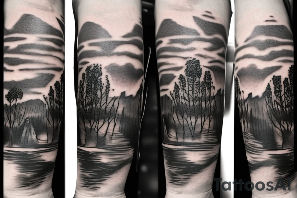 On my left arm, a sleeve tattoo of the Murray River with Eucalyptus camaldulensis is the background during sunset. tattoo idea