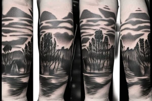 On my left arm, a sleeve tattoo of the Murray River with Eucalyptus camaldulensis is the background during sunset. tattoo idea