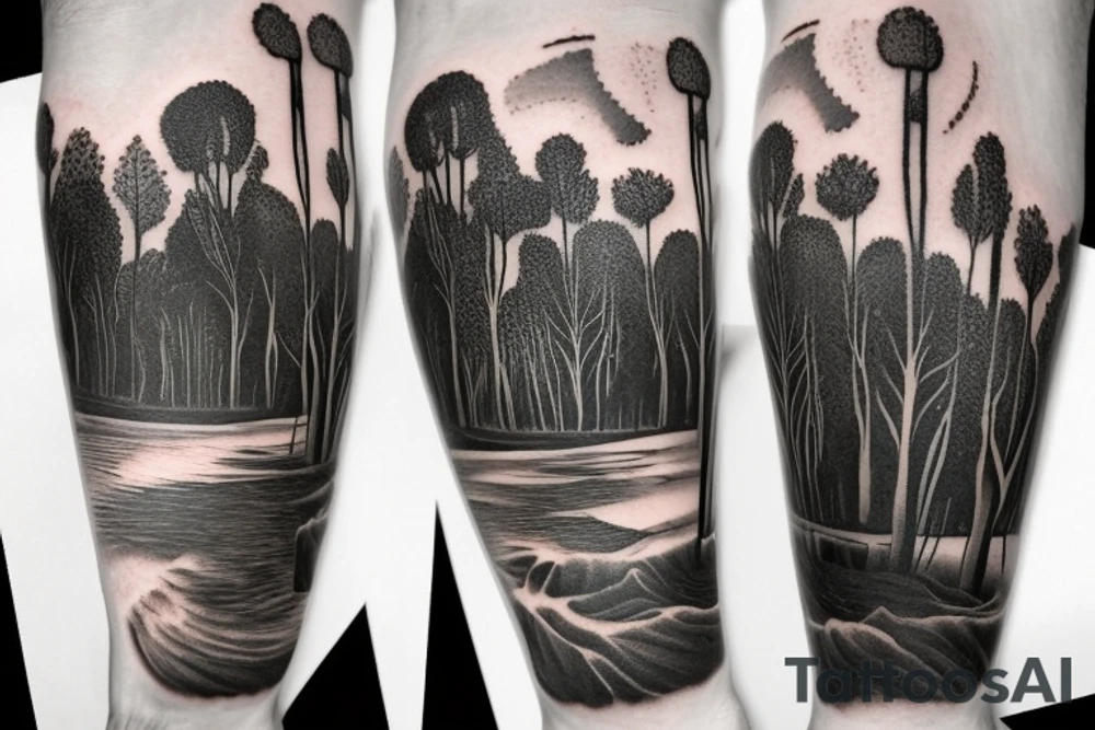 On my left arm, a sleeve tattoo of the Murray River with Eucalyptus camaldulensis is the background during sunset. tattoo idea