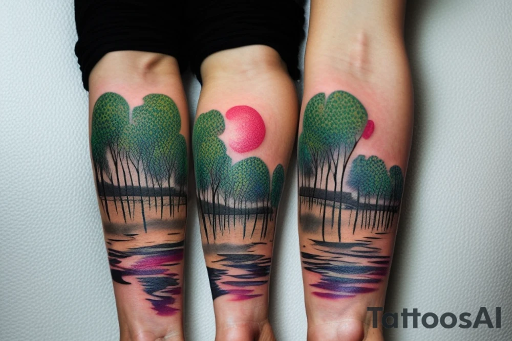 On my left arm, a sleeve tattoo of the Murray River with Eucalyptus camaldulensis is the background during sunset. tattoo idea