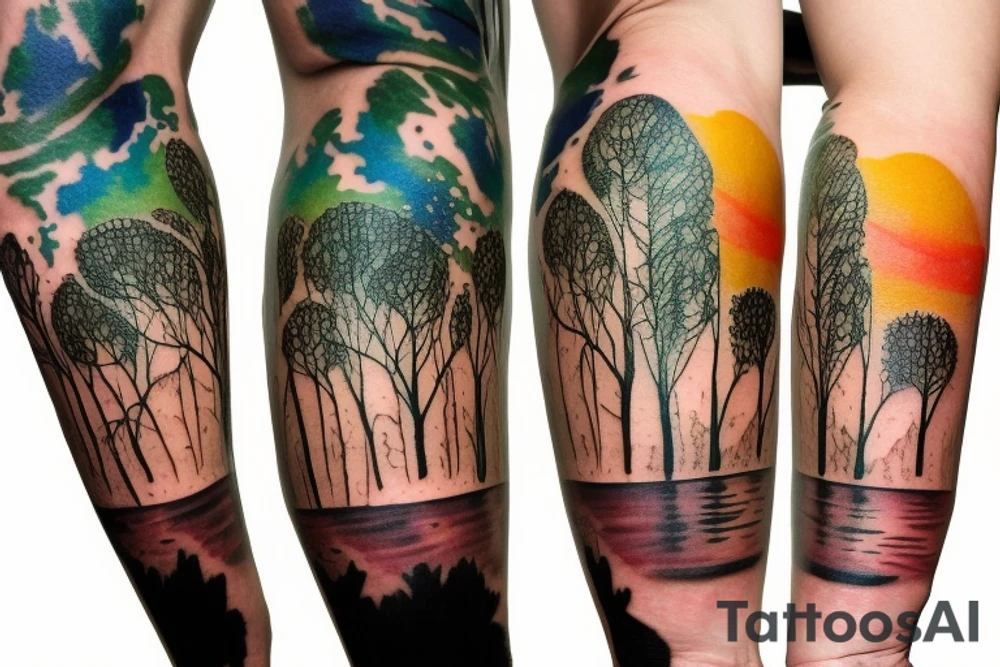 On my left arm, a sleeve tattoo of the Murray River with Eucalyptus camaldulensis is the background during sunset. tattoo idea