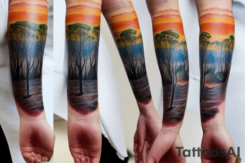 On my left arm, a sleeve tattoo of the Murray River with Eucalyptus camaldulensis is the background during sunset. tattoo idea