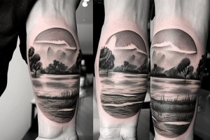 On my left arm, a sleeve tattoo of the Murray River with a rope swing hanging on a Eucalyptus camaldulensis in the background during sunset. tattoo idea