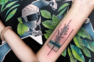 On my left arm, a sleeve tattoo of the Murray River with a rope swing hanging on a Eucalyptus camaldulensis in the background during sunset. tattoo idea