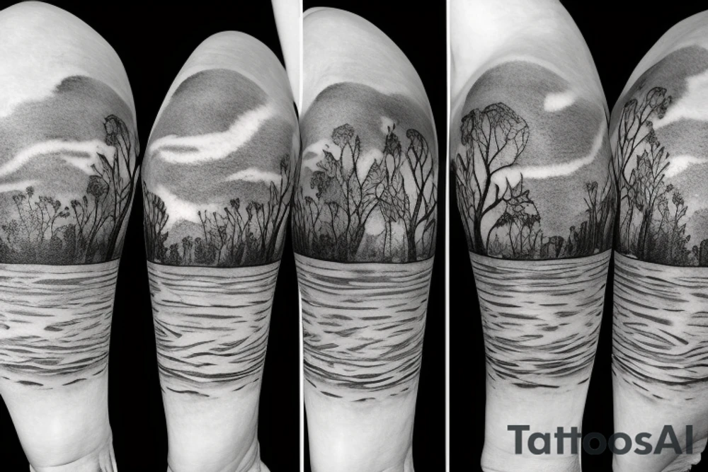 On my left arm, a sleeve tattoo of the Murray River with a rope swing hanging on a Eucalyptus camaldulensis in the background during sunset. tattoo idea