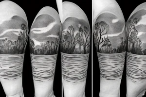 On my left arm, a sleeve tattoo of the Murray River with a rope swing hanging on a Eucalyptus camaldulensis in the background during sunset. tattoo idea