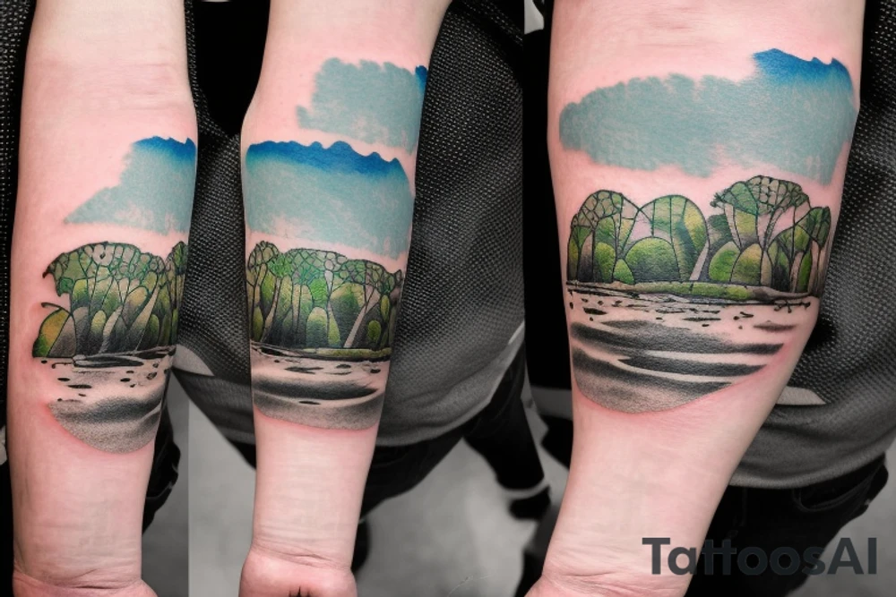 On my left arm, a sleeve tattoo of the Murray River with a rope swing hanging on a Eucalyptus camaldulensis in the background during sunset. tattoo idea