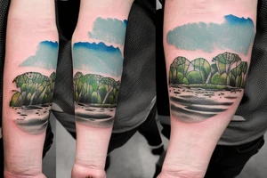 On my left arm, a sleeve tattoo of the Murray River with a rope swing hanging on a Eucalyptus camaldulensis in the background during sunset. tattoo idea