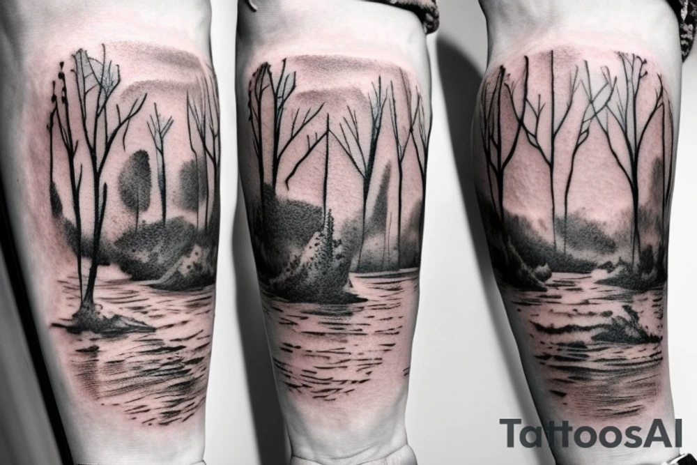 On my left arm, a sleeve tattoo of the Murray River with a rope swing hanging on a Eucalyptus camaldulensis in the background during sunset. tattoo idea