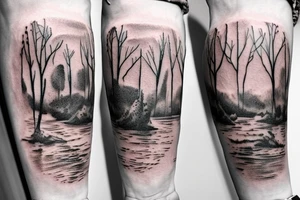 On my left arm, a sleeve tattoo of the Murray River with a rope swing hanging on a Eucalyptus camaldulensis in the background during sunset. tattoo idea