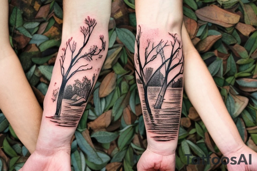 On my left arm, a sleeve tattoo of the Murray River with a rope swing hanging on a Eucalyptus camaldulensis in the background during sunset. tattoo idea