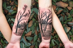 On my left arm, a sleeve tattoo of the Murray River with a rope swing hanging on a Eucalyptus camaldulensis in the background during sunset. tattoo idea