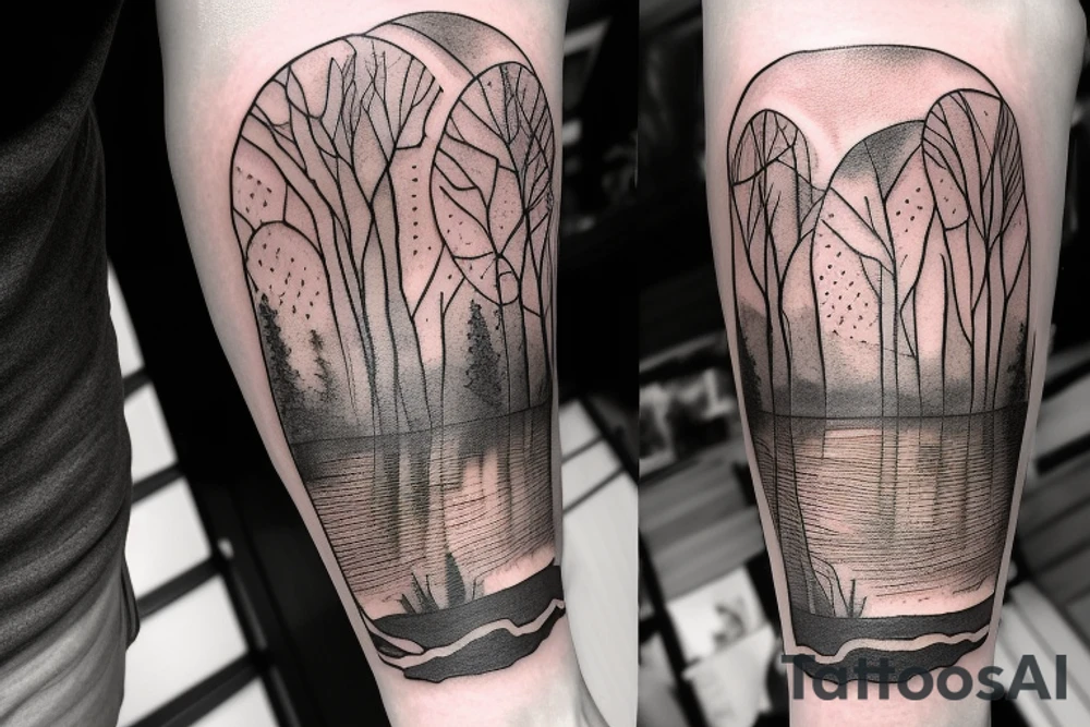 On my left arm, a sleeve tattoo of the Murray River with a rope swing hanging on a Eucalyptus camaldulensis in the background during sunset. tattoo idea