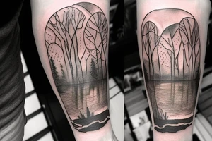 On my left arm, a sleeve tattoo of the Murray River with a rope swing hanging on a Eucalyptus camaldulensis in the background during sunset. tattoo idea