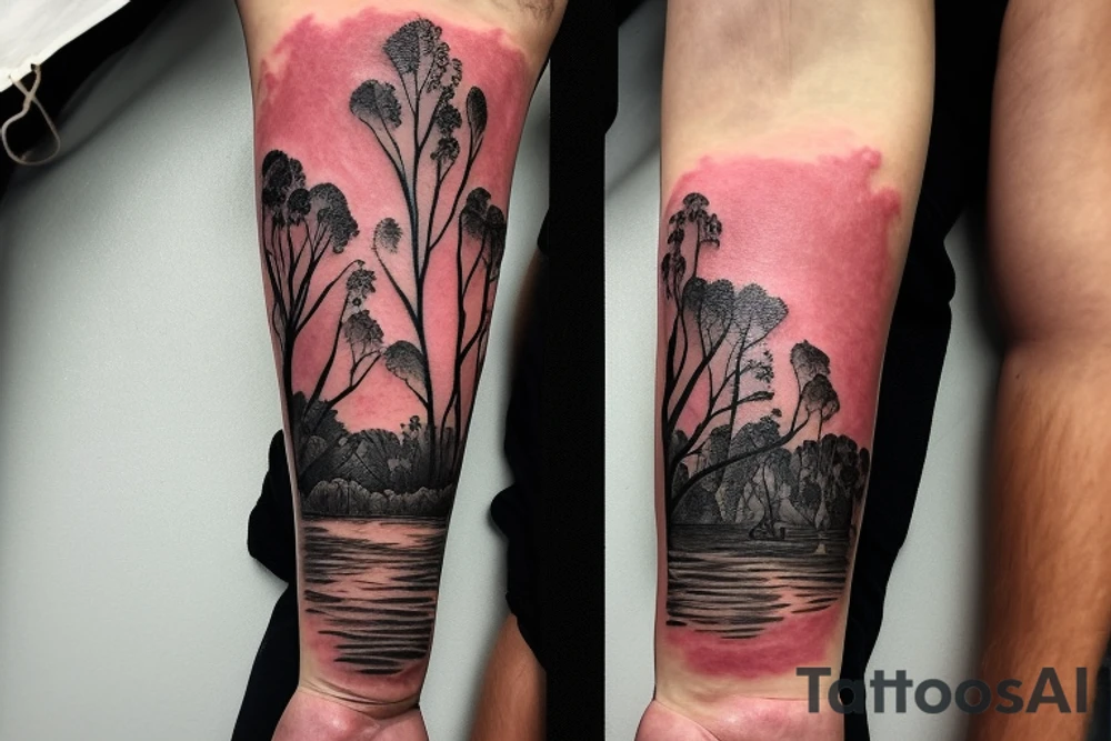 On my left arm, a sleeve tattoo of the Murray River with a rope swing hanging on a Eucalyptus camaldulensis in the background during sunset. tattoo idea