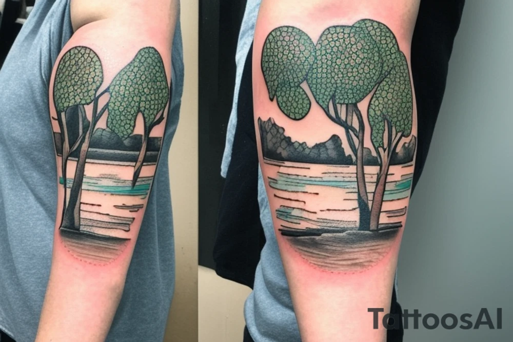 On my left arm, a sleeve tattoo of the Murray River with a rope swing hanging on a Eucalyptus camaldulensis in the background during sunset. tattoo idea