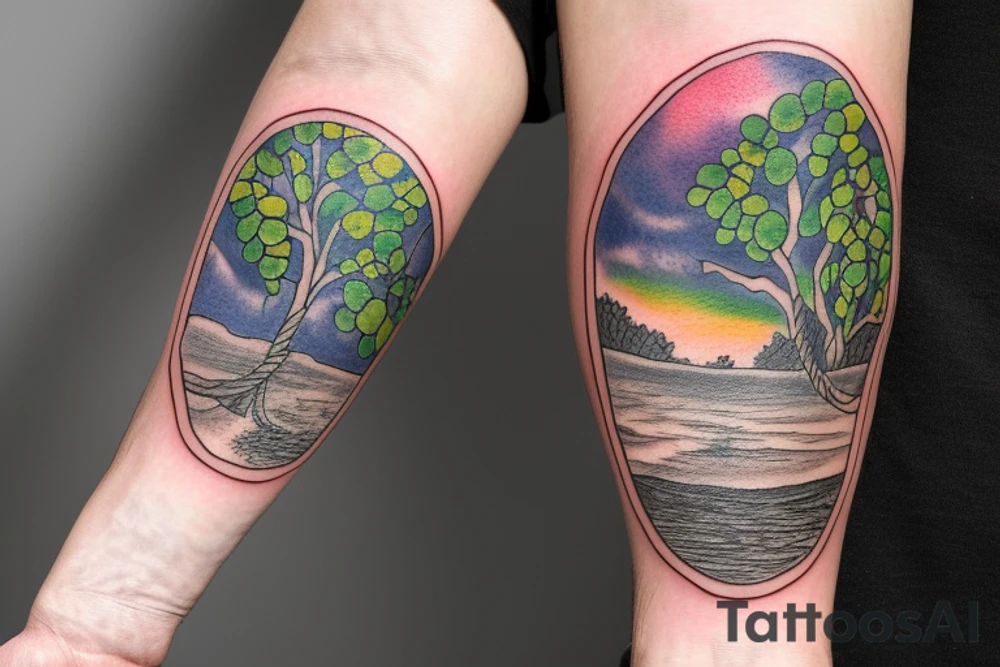 On my left arm, a sleeve tattoo of the Murray River with a rope swing hanging on a Eucalyptus camaldulensis in the background during sunset. tattoo idea