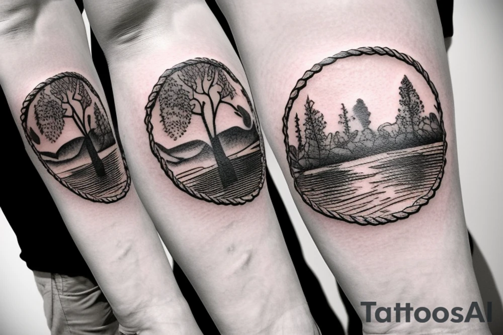 On my left arm, a sleeve tattoo of the Murray River with a rope swing hanging on a Eucalyptus camaldulensis in the background during sunset. tattoo idea