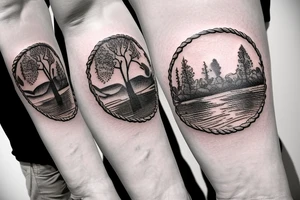 On my left arm, a sleeve tattoo of the Murray River with a rope swing hanging on a Eucalyptus camaldulensis in the background during sunset. tattoo idea