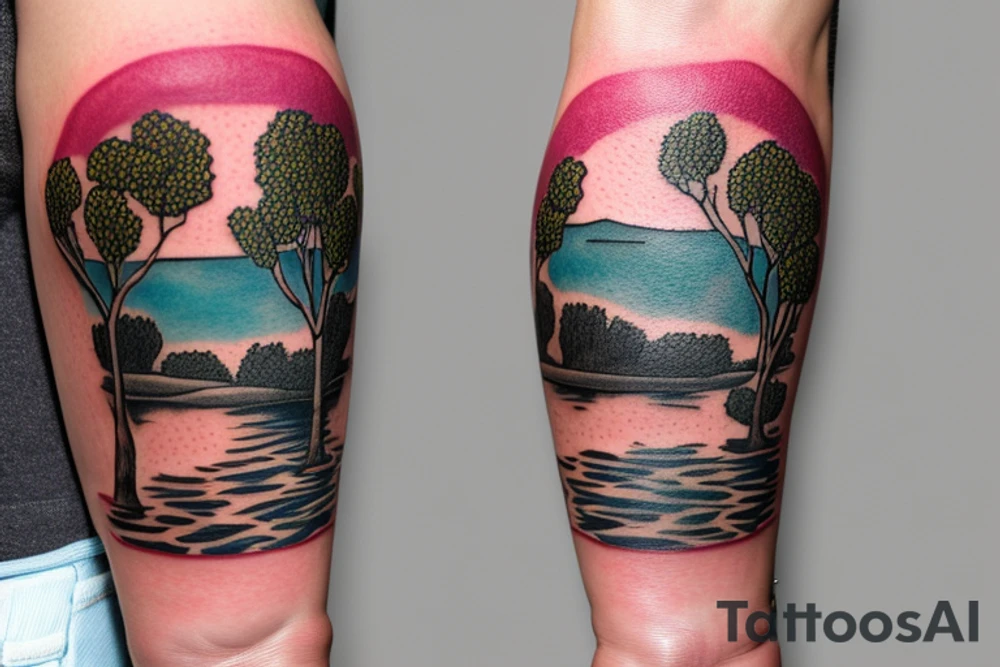 On my left arm, a sleeve tattoo of the Murray River with a rope swing hanging on a Eucalyptus camaldulensis in the background during sunset. tattoo idea