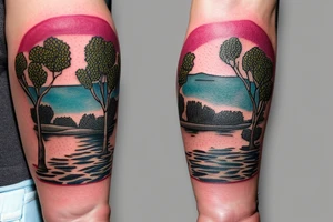 On my left arm, a sleeve tattoo of the Murray River with a rope swing hanging on a Eucalyptus camaldulensis in the background during sunset. tattoo idea