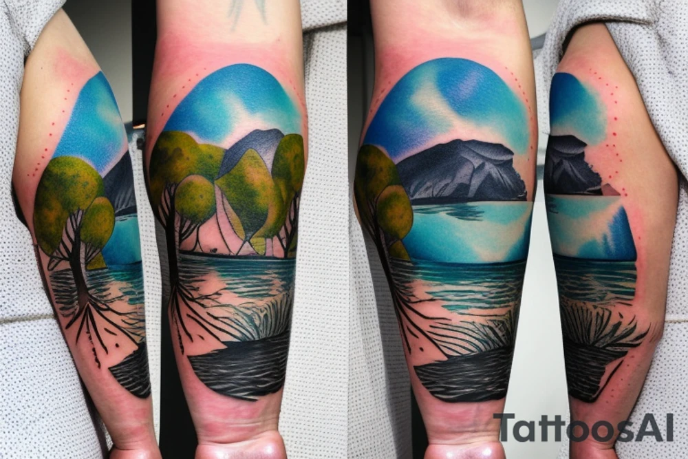 On my left arm, a sleeve tattoo of the Murray River with a rope swing hanging on a Eucalyptus camaldulensis in the background during sunset. tattoo idea