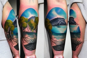 On my left arm, a sleeve tattoo of the Murray River with a rope swing hanging on a Eucalyptus camaldulensis in the background during sunset. tattoo idea