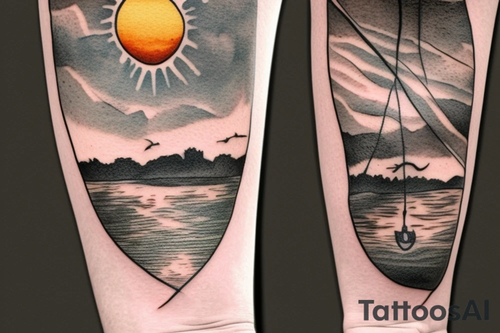 On my left arm, a sleeve tattoo of the Murray River with a rope swing hanging on a Eucalyptus camaldulensis in the background during sunset. tattoo idea