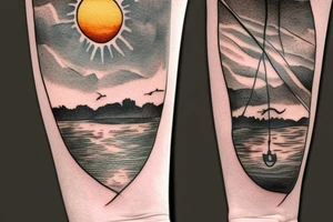 On my left arm, a sleeve tattoo of the Murray River with a rope swing hanging on a Eucalyptus camaldulensis in the background during sunset. tattoo idea