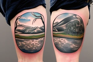 On my left arm, a sleeve tattoo of the Murray River with a rope swing hanging on a Eucalyptus camaldulensis in the background during sunset. tattoo idea