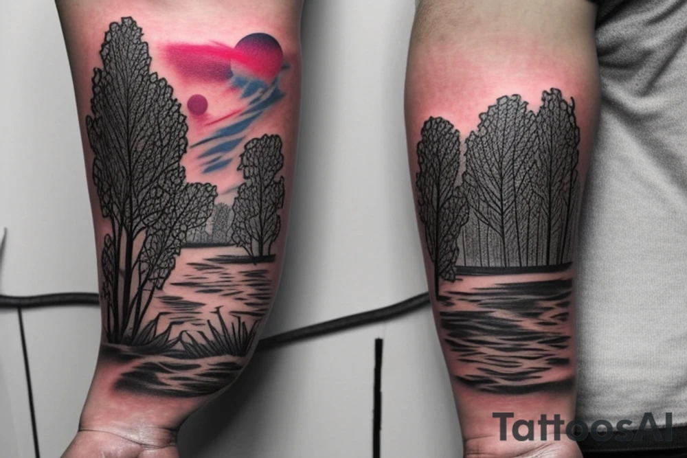 On my left arm, a sleeve tattoo of the Murray River with a rope swing hanging on a Eucalyptus camaldulensis in the background during sunset. tattoo idea