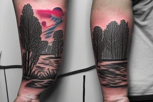 On my left arm, a sleeve tattoo of the Murray River with a rope swing hanging on a Eucalyptus camaldulensis in the background during sunset. tattoo idea