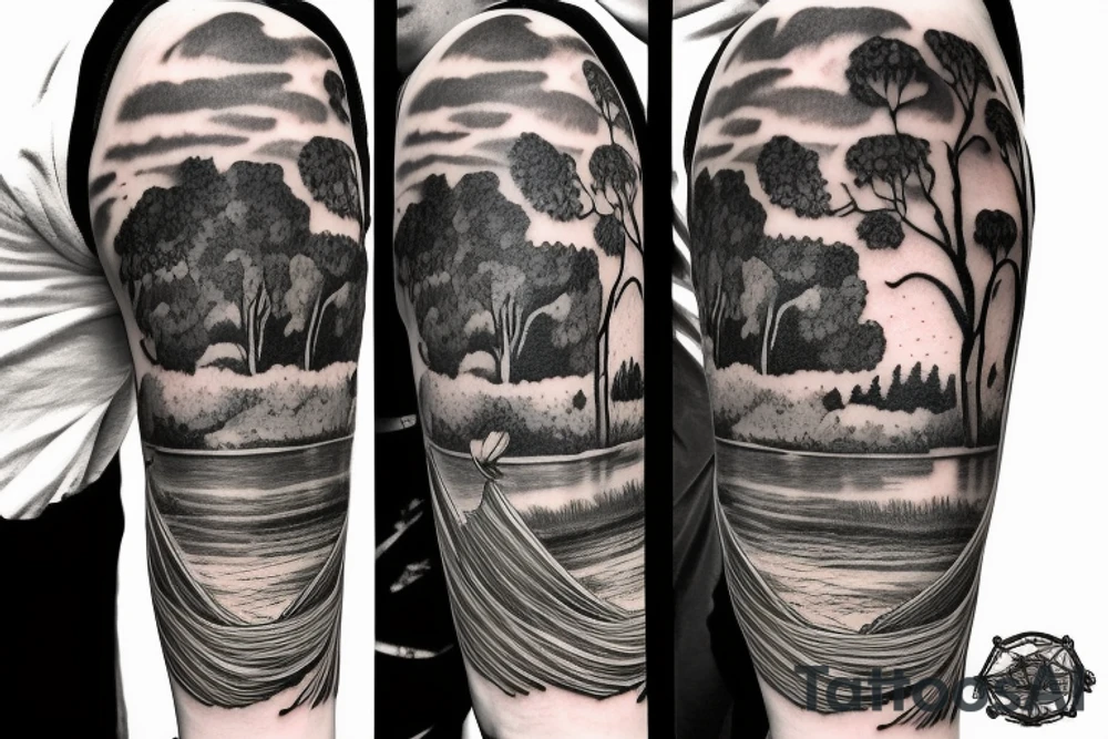 On my left arm, a sleeve tattoo of the Murray River with a rope swing hanging on a Eucalyptus camaldulensis in the background during sunset. tattoo idea