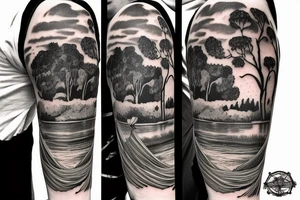 On my left arm, a sleeve tattoo of the Murray River with a rope swing hanging on a Eucalyptus camaldulensis in the background during sunset. tattoo idea