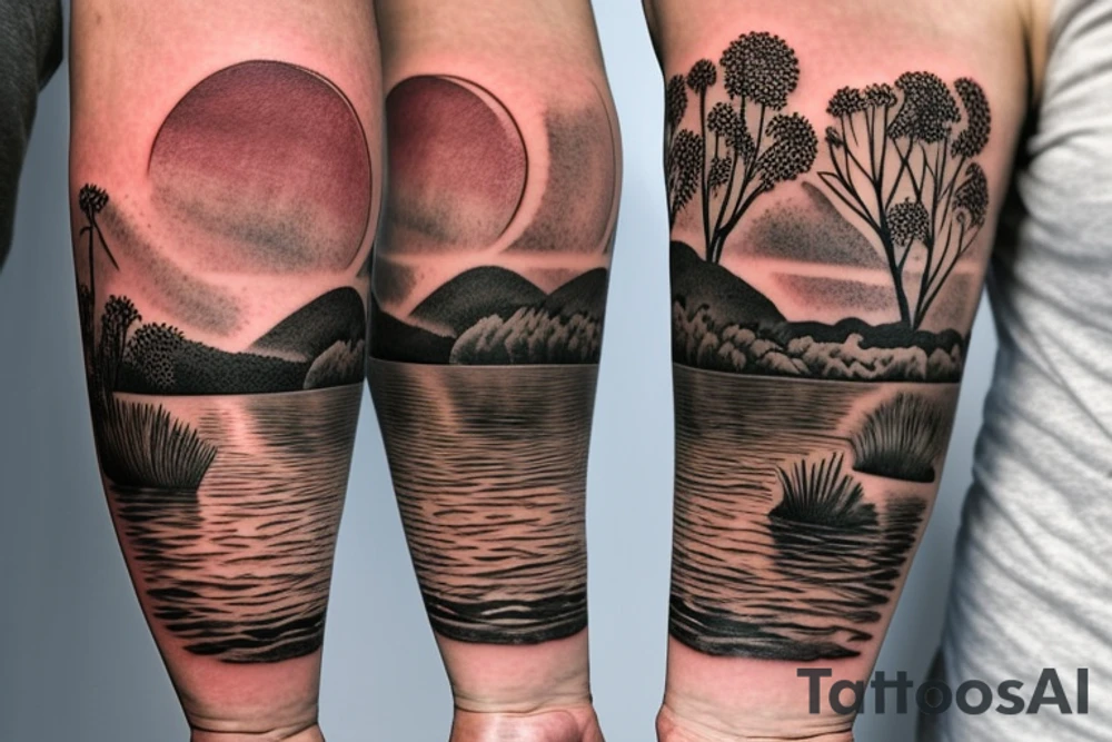 On my left arm, a sleeve tattoo of the Murray River with a rope swing hanging on a Eucalyptus camaldulensis in the background during sunset. tattoo idea
