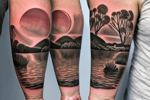 On my left arm, a sleeve tattoo of the Murray River with a rope swing hanging on a Eucalyptus camaldulensis in the background during sunset. tattoo idea