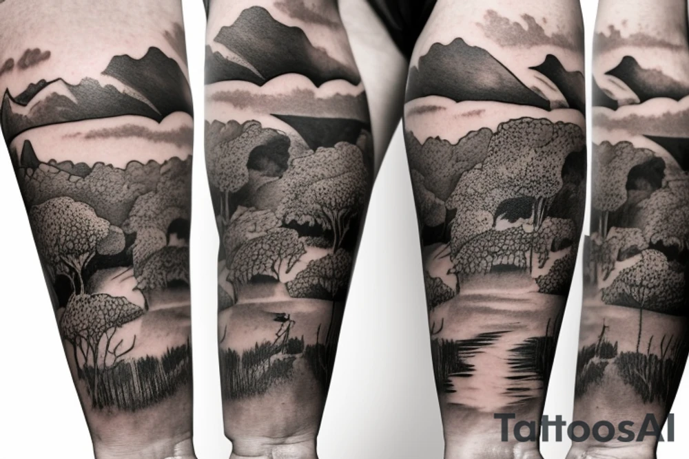 On my left arm, a sleeve tattoo of the Murray River with a rope swing hanging on a Eucalyptus camaldulensis in the background during sunset. tattoo idea