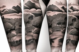 On my left arm, a sleeve tattoo of the Murray River with a rope swing hanging on a Eucalyptus camaldulensis in the background during sunset. tattoo idea