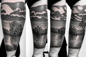 On my left arm, a sleeve tattoo of the Murray River with a rope swing hanging on a Eucalyptus camaldulensis in the background during sunset. tattoo idea