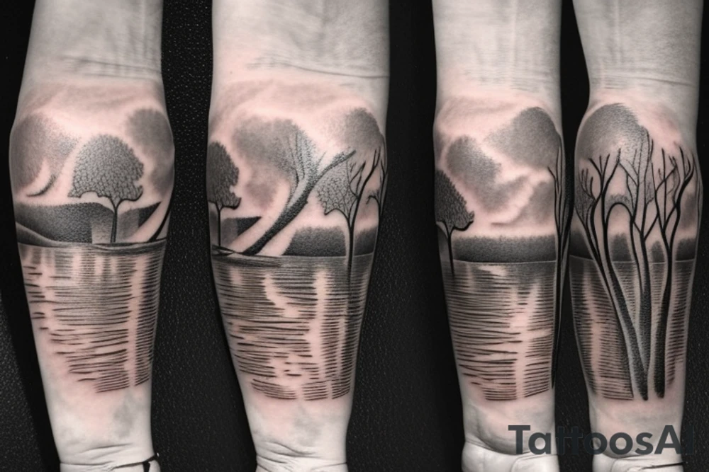 On my left arm, a sleeve tattoo of the Murray River with a rope swing hanging on a Eucalyptus camaldulensis in the background during sunset. tattoo idea