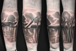 On my left arm, a sleeve tattoo of the Murray River with a rope swing hanging on a Eucalyptus camaldulensis in the background during sunset. tattoo idea