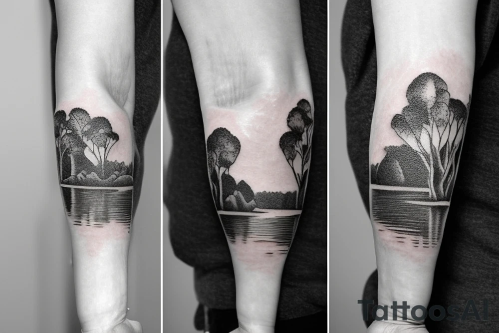 On my left arm, a sleeve tattoo of the Murray River with a rope swing hanging on a Eucalyptus camaldulensis in the background during sunset. tattoo idea