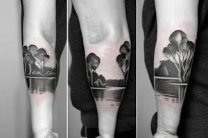 On my left arm, a sleeve tattoo of the Murray River with a rope swing hanging on a Eucalyptus camaldulensis in the background during sunset. tattoo idea