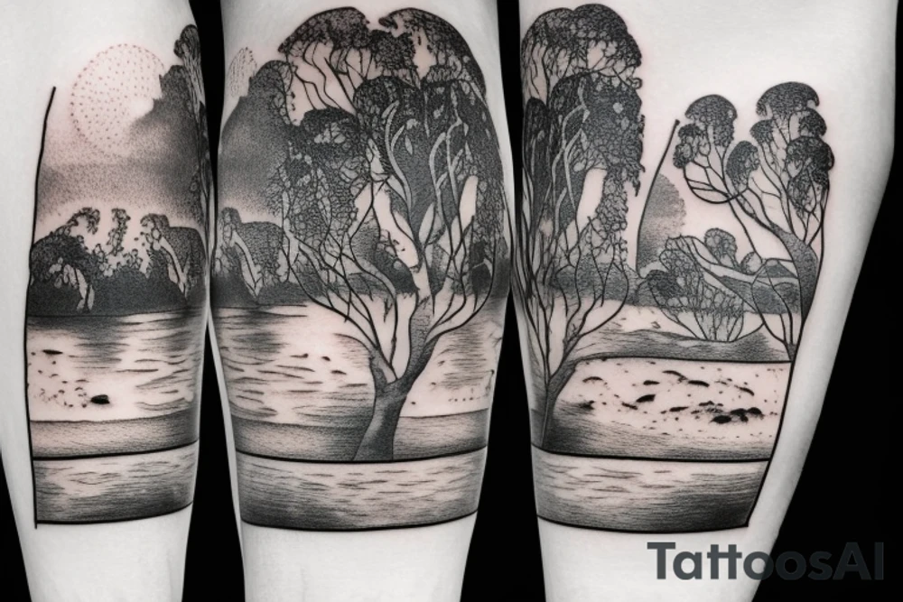 On my left arm, a sleeve tattoo of the Murray River with a rope swing hanging on a Eucalyptus camaldulensis in the background during sunset. tattoo idea