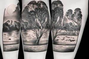 On my left arm, a sleeve tattoo of the Murray River with a rope swing hanging on a Eucalyptus camaldulensis in the background during sunset. tattoo idea