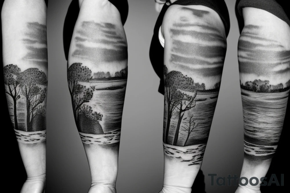 On my left arm, a sleeve tattoo of the Murray River with a rope swing hanging on a Eucalyptus camaldulensis in the background during sunset. tattoo idea