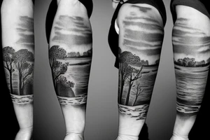 On my left arm, a sleeve tattoo of the Murray River with a rope swing hanging on a Eucalyptus camaldulensis in the background during sunset. tattoo idea