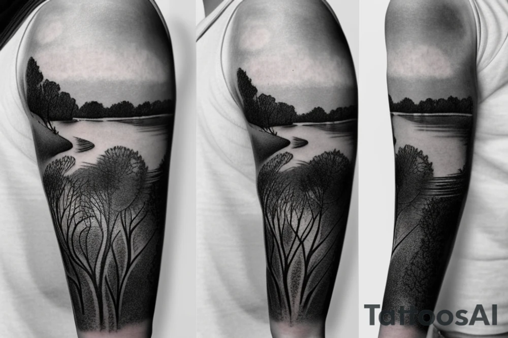 On my left arm, a sleeve tattoo of the Murray River with a Eucalyptus camaldulensis in the foreground during sunset. tattoo idea